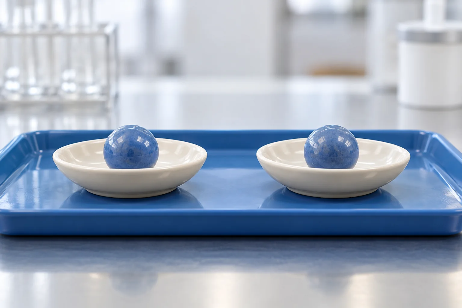 Dos platillos claros iguales contienen sendas esferas azules sobre una bandeja azul de laboratorio