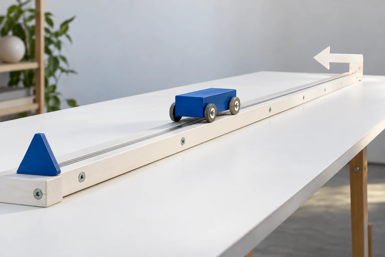 Ein blauer Wagen auf einer weißen Schiene und eine feste Markierung verdeutlichen den Ort relativ zu einem Bezugspunkt