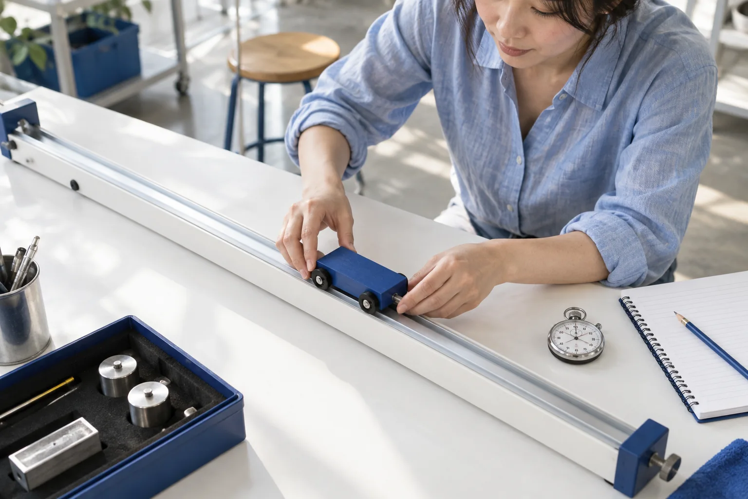 Eine erwachsene Studentin setzt einen blauen Wagen auf eine gerade Bahn an einem hellen Physikarbeitstisch