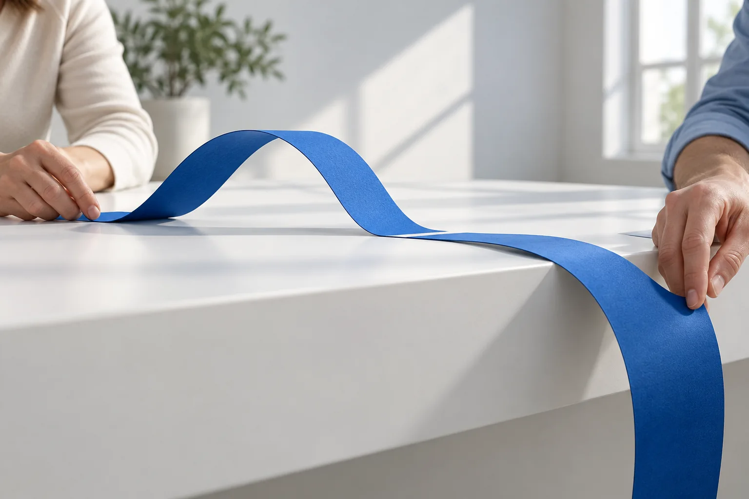 A cobalt paper ribbon curves above a white tabletop and falls over its edge between two adult hands