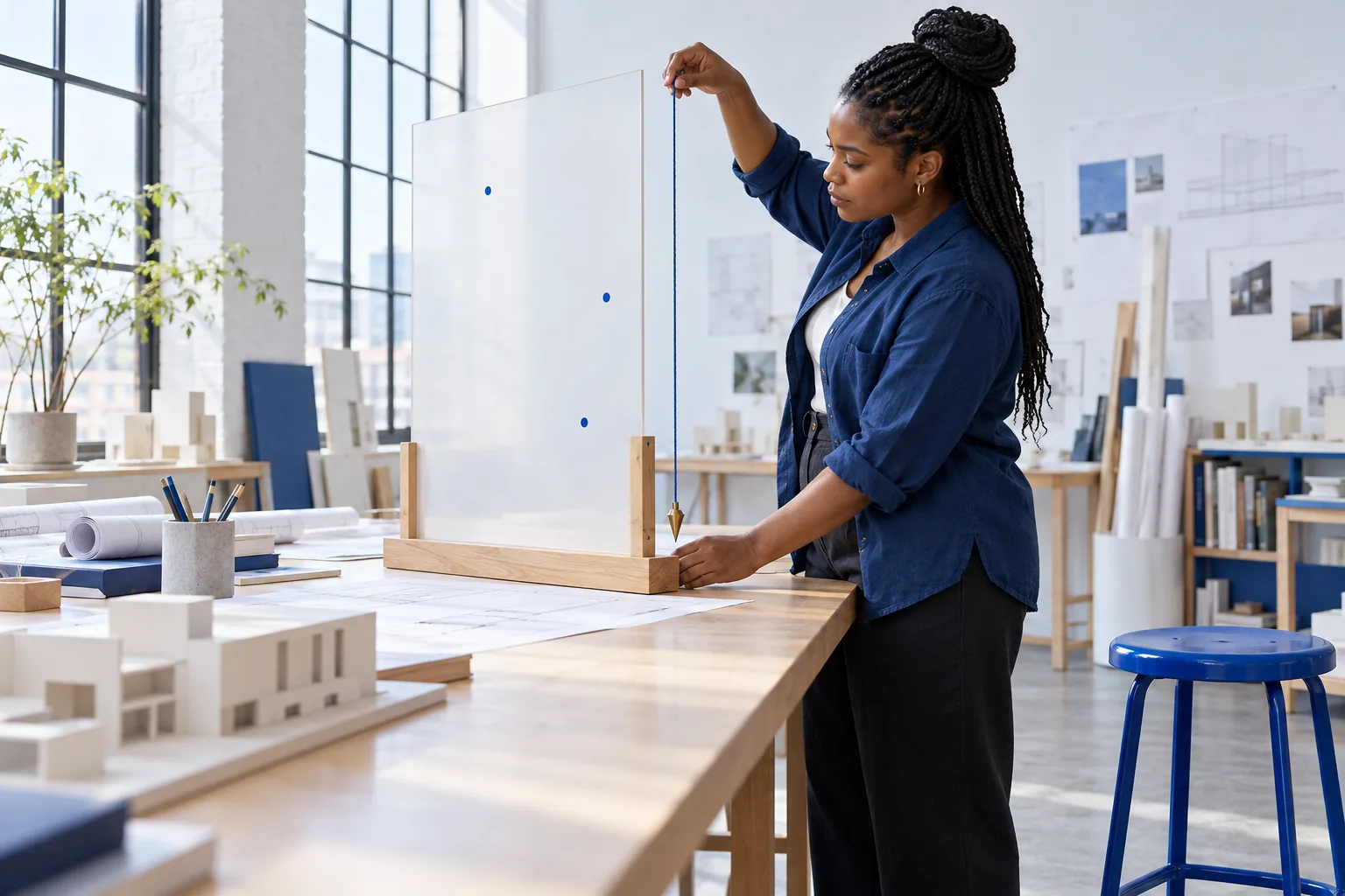 An adult architecture student compares a vertical blue cord with an upright translucent drawing panel in a white studio