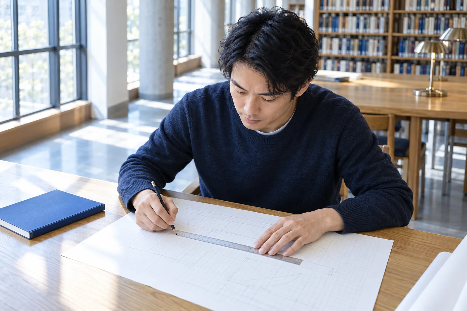 An adult student checks faint graph paper with a pencil and ruler at a bright library drafting table