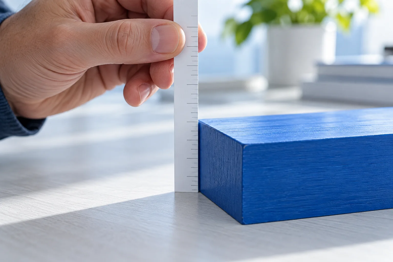 An adult hand holds an unnumbered measuring strip vertically beside a blue wooden block