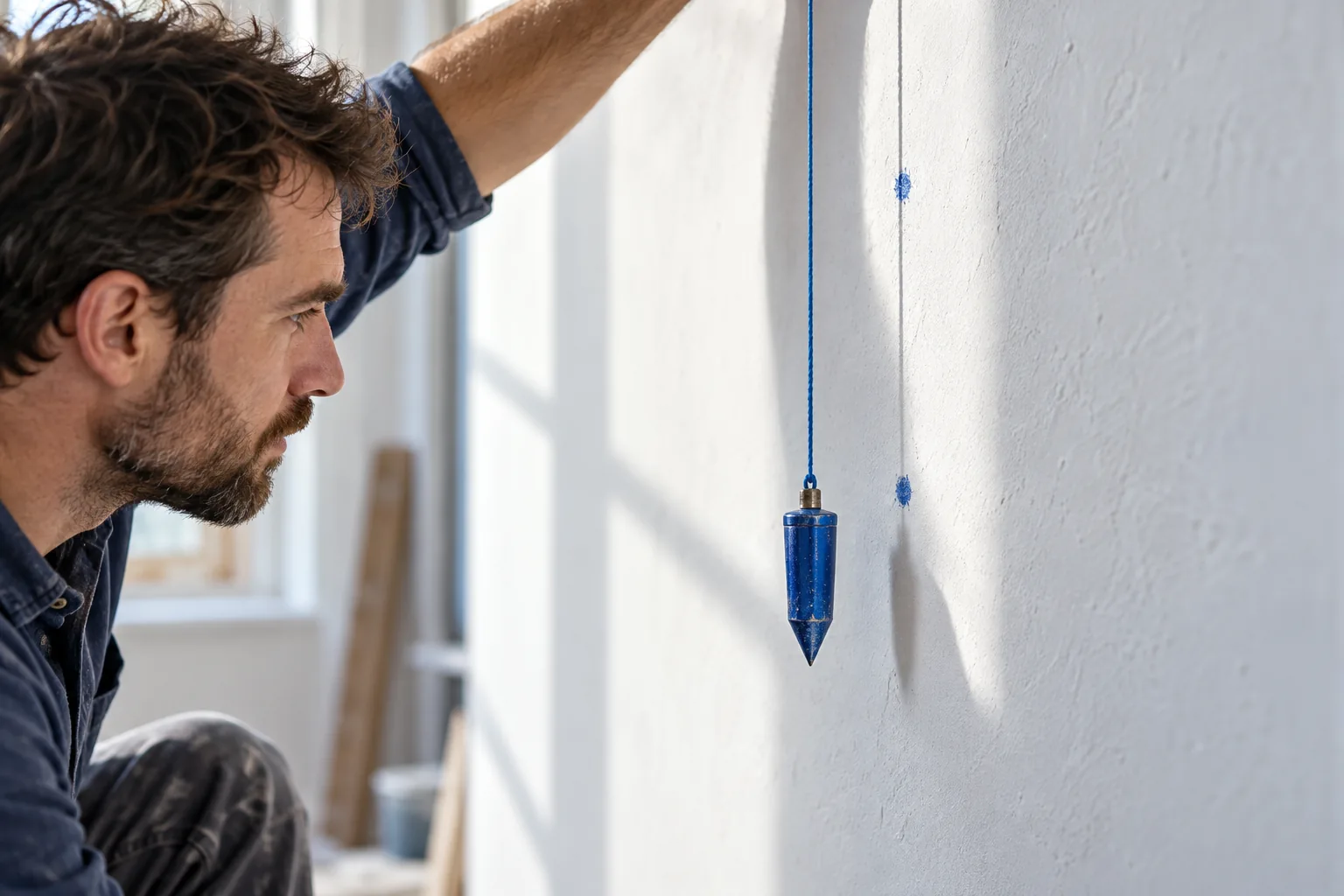 A blue plumb cord hangs beside two vertically aligned cobalt marks on a white wall