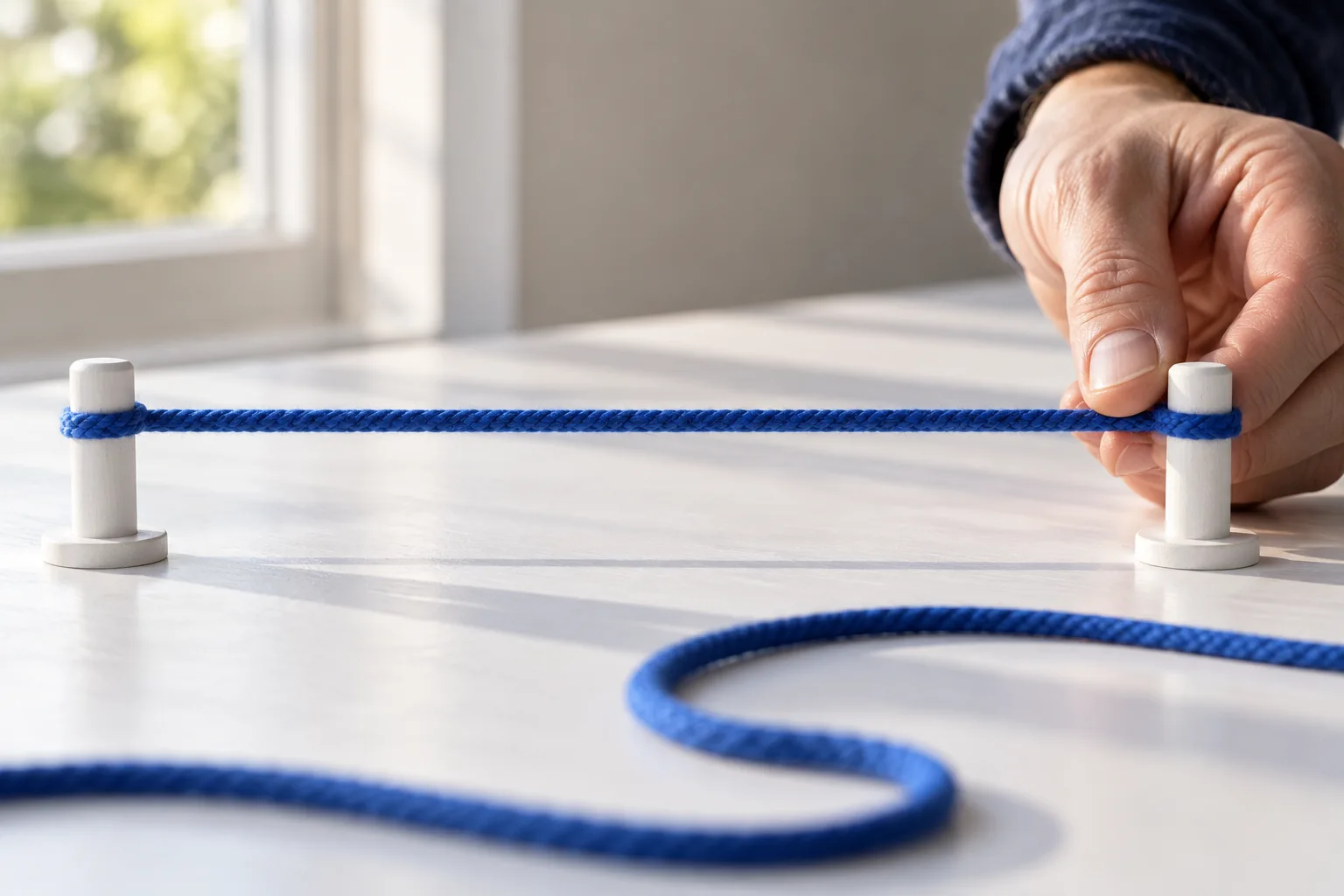 Eine erwachsene Hand spannt eine blaue Schnur zwischen zwei weißen Stiften als Längenmodell