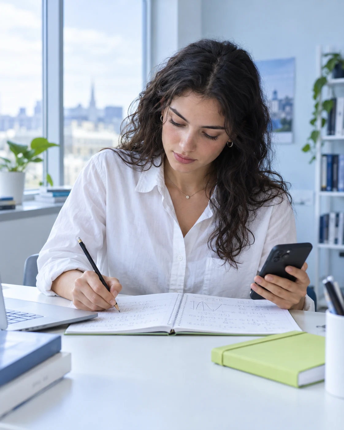 An adult student writing in a notebook in a bright study space.