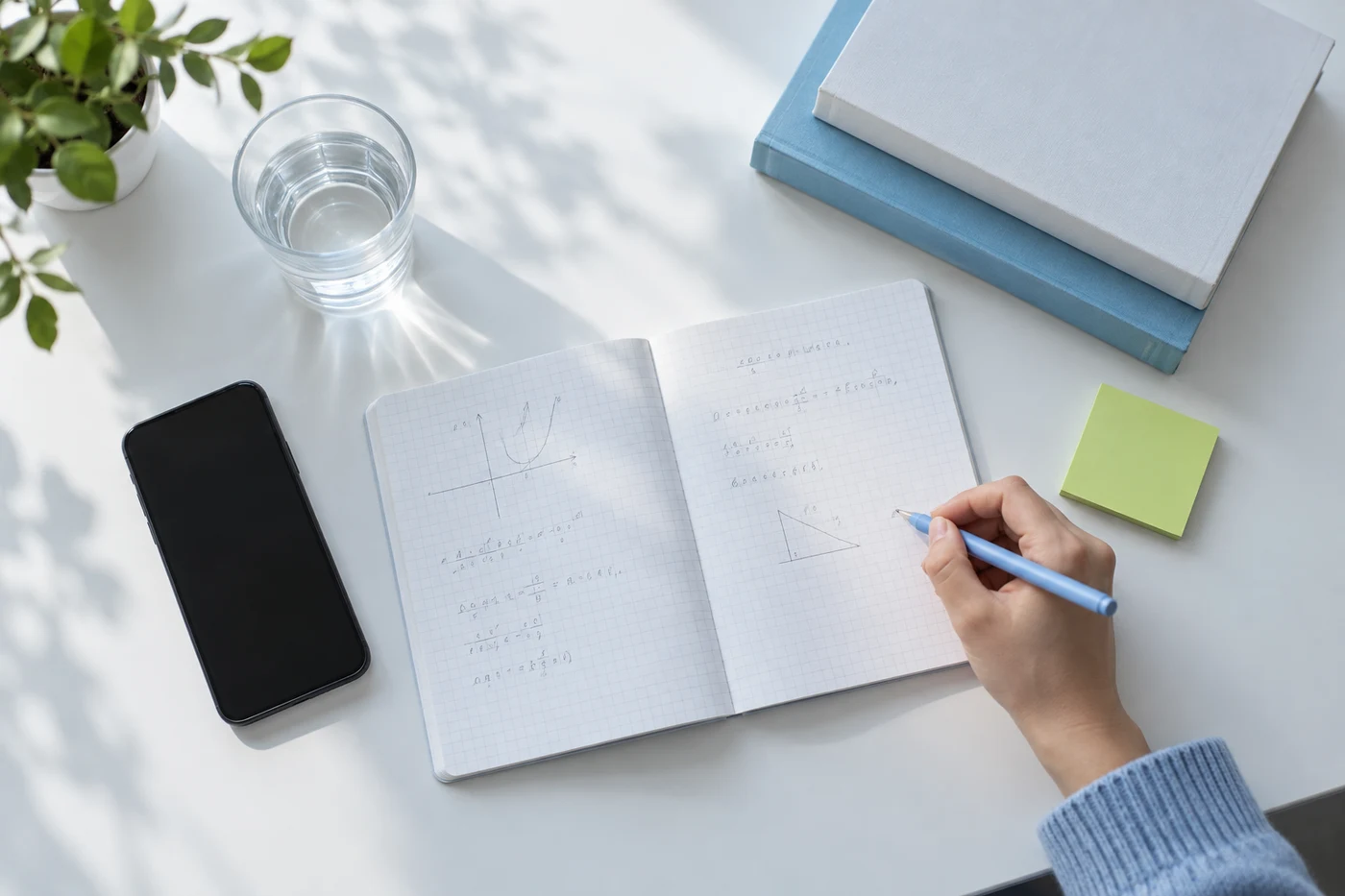 An overhead view of a notebook, phone and study materials on a white desk.